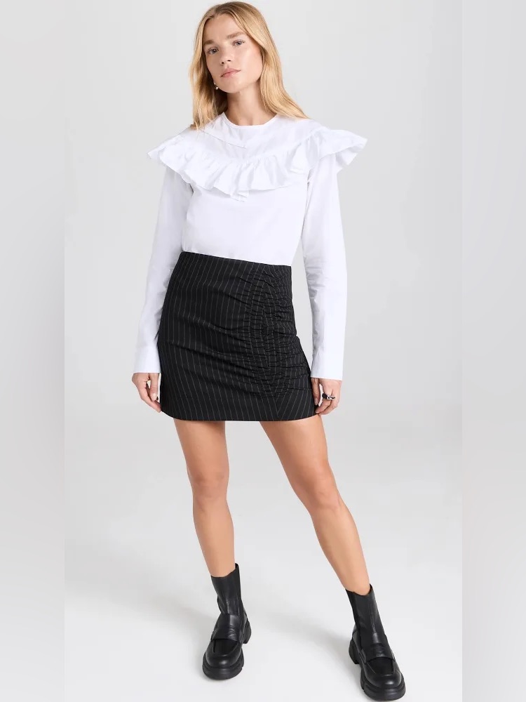 Ganni || Stretch Stripe Mini Skirt Pinstripe Ruched Black Gray 32 Us 0 Nwt